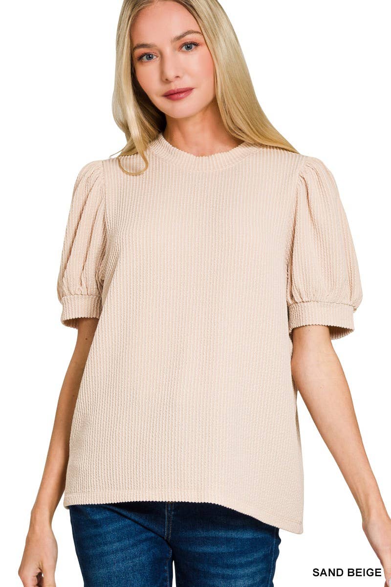 Raised Rib Puff Sleeve Top