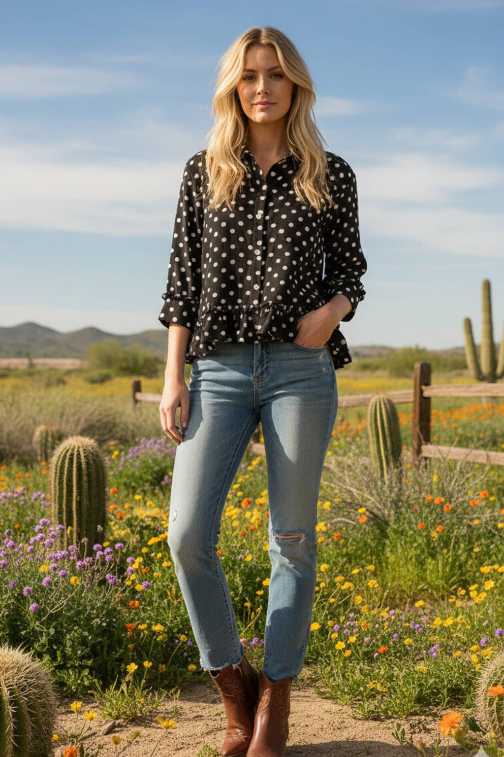 Polka Dot Button Down Peplum Top