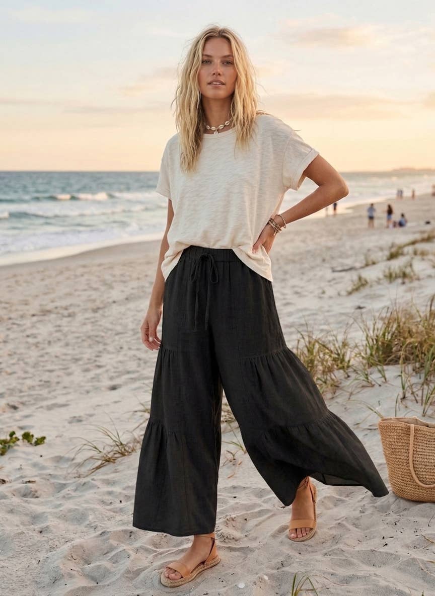 Linen Blend Tiered Wide Leg Palazzo Pants