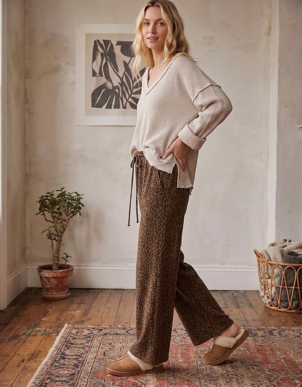 Leopard Wide Leg Drawstring Pants