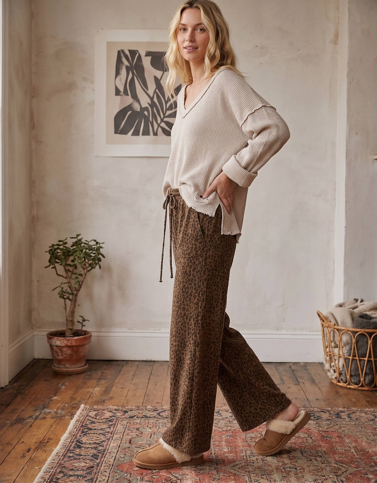 Leopard Wide Leg Drawstring Pants