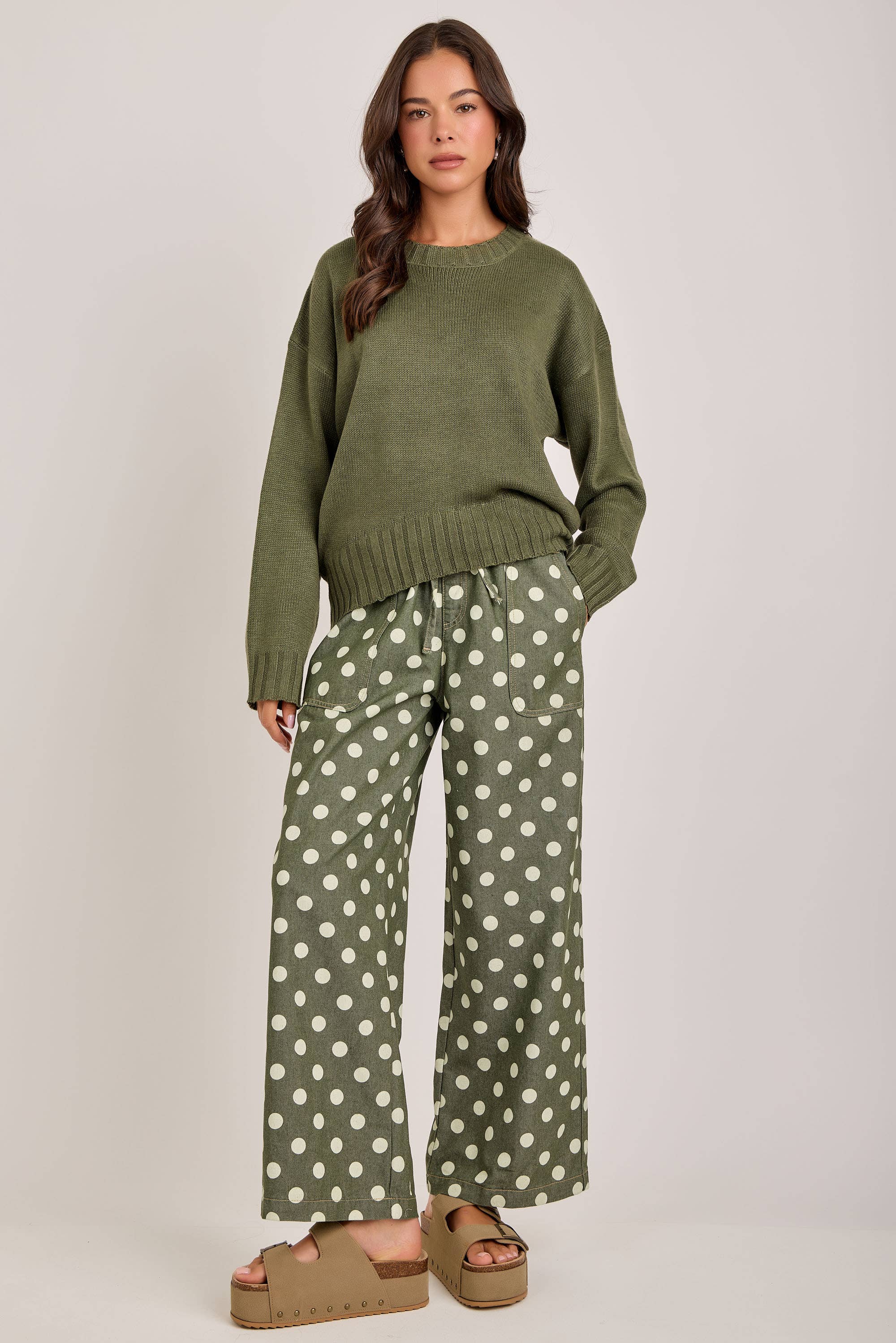 RELAXED WIDE LEG SOFT POLKA DOT DRAWSTRING PANTS