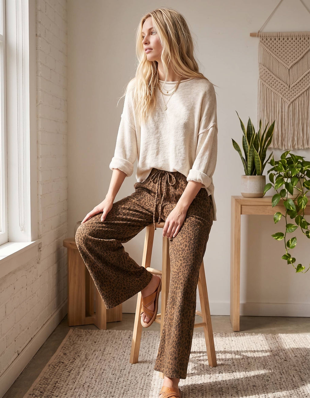 Leopard Wide Leg Drawstring Pants