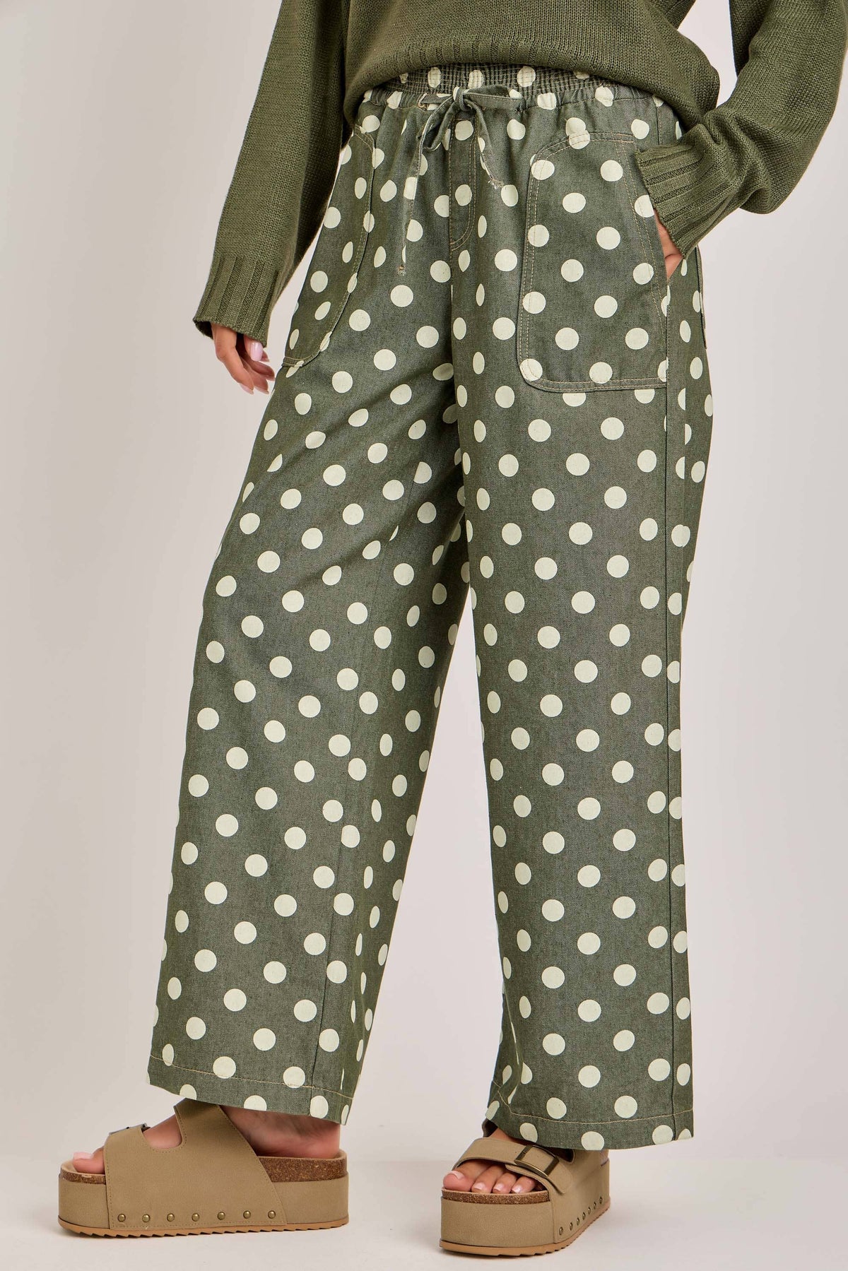 RELAXED WIDE LEG SOFT POLKA DOT DRAWSTRING PANTS