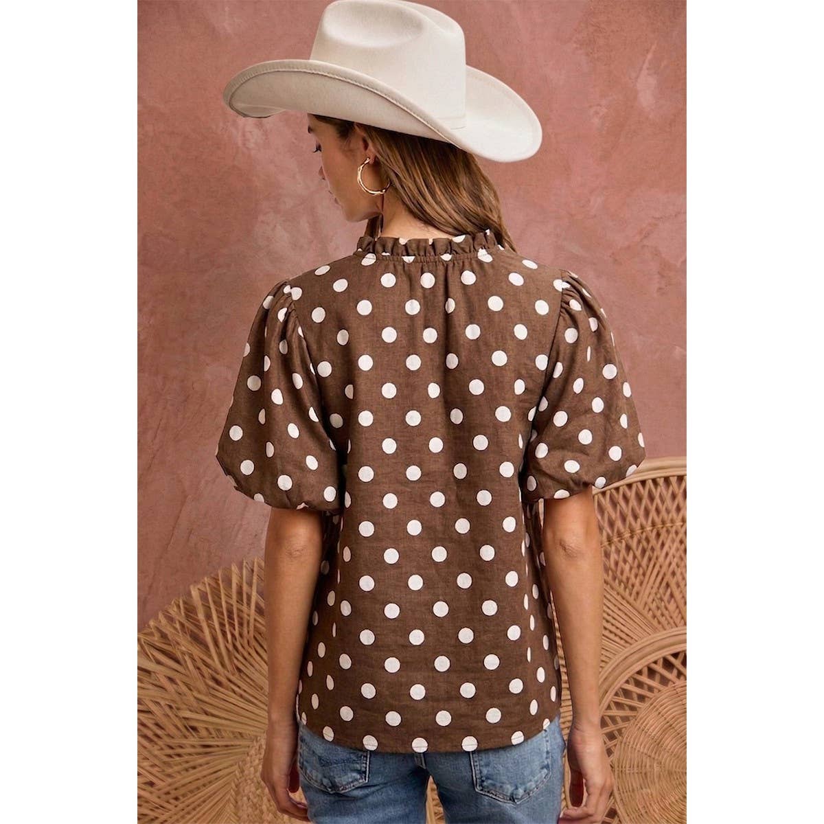 POLKA DOT PRINTED WOVEN RUFFLED V NECK TOP