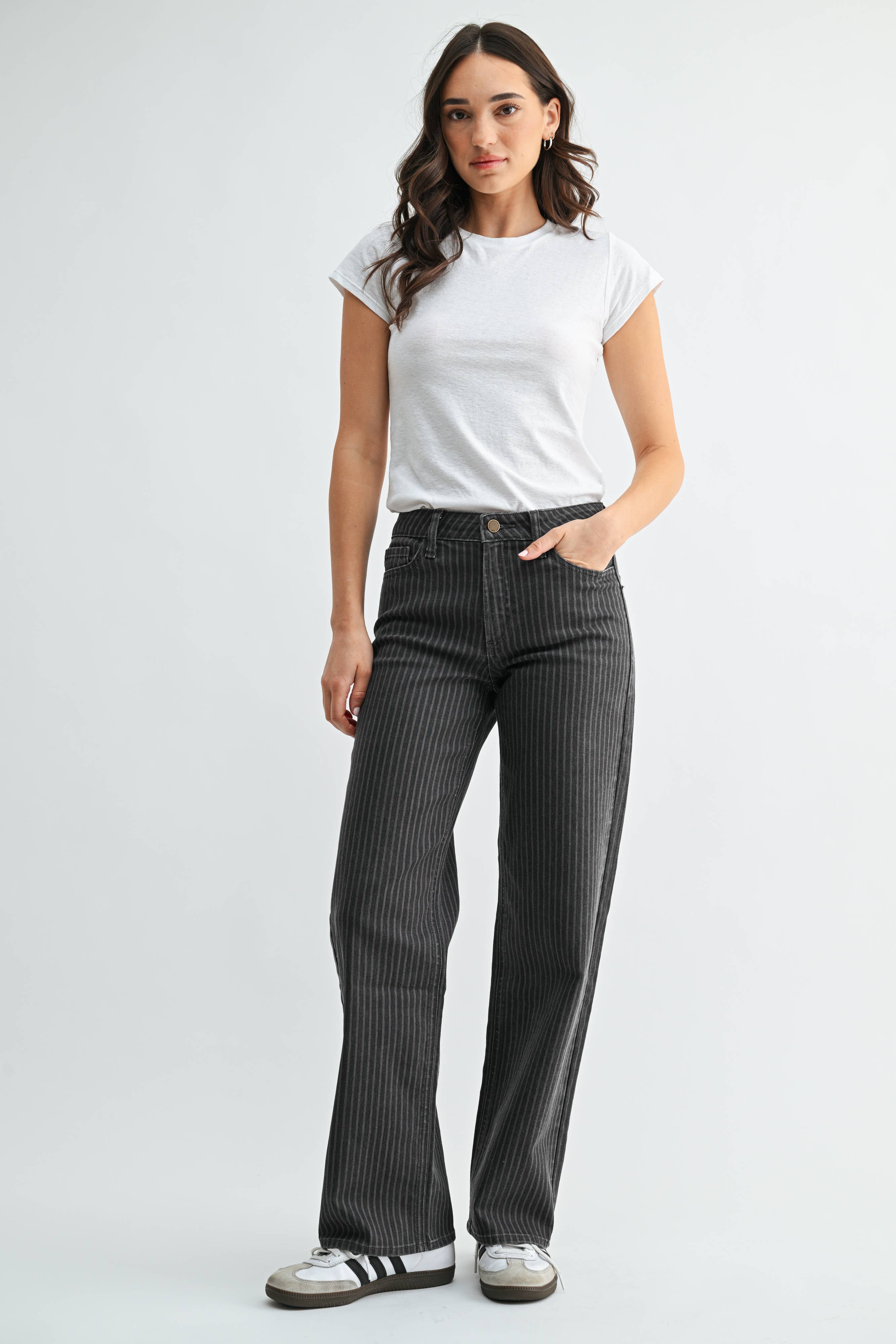 DP791 - GREY STRIPE - High Rise Full Length Straight