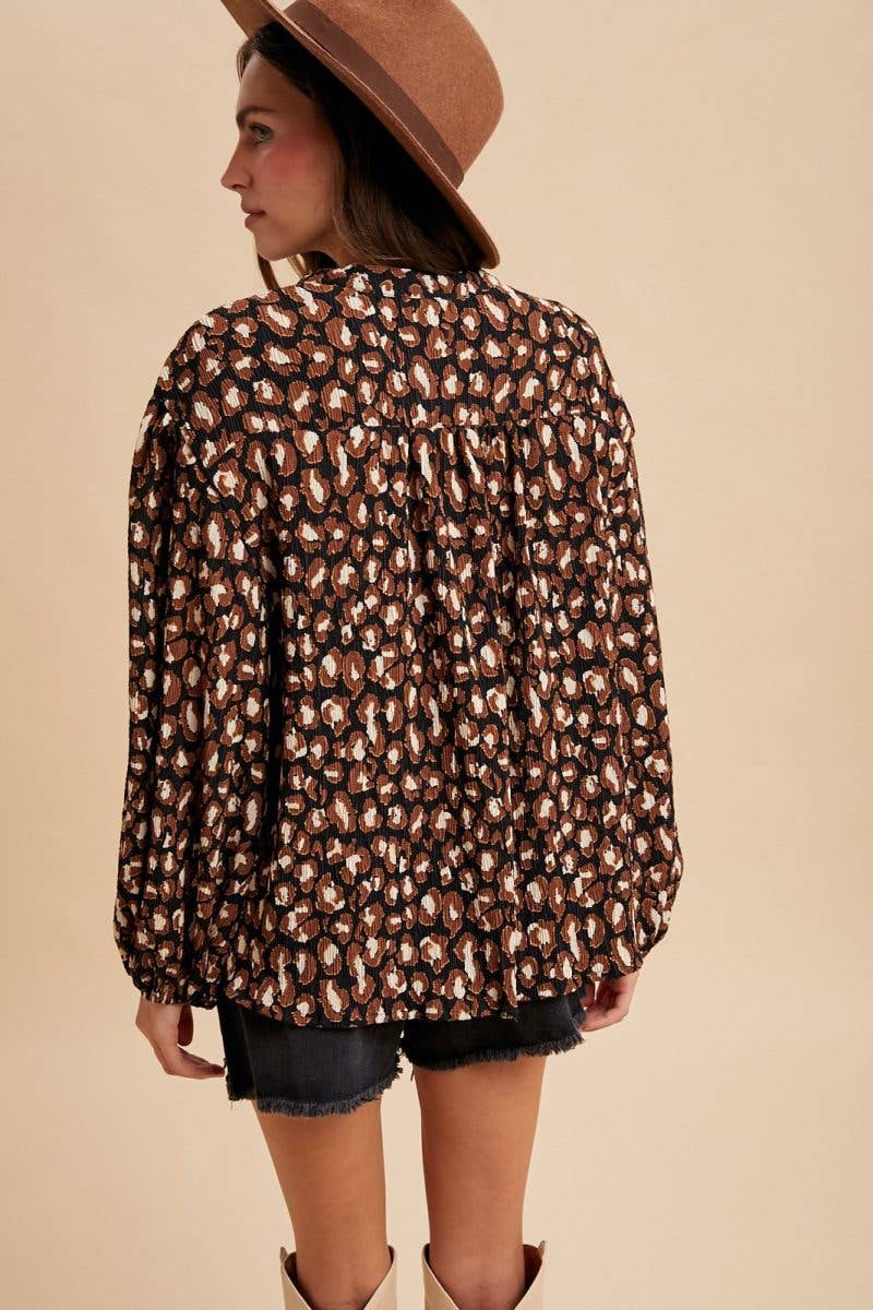 Leopard Plisse Texture Notched Neck Tie Blouse