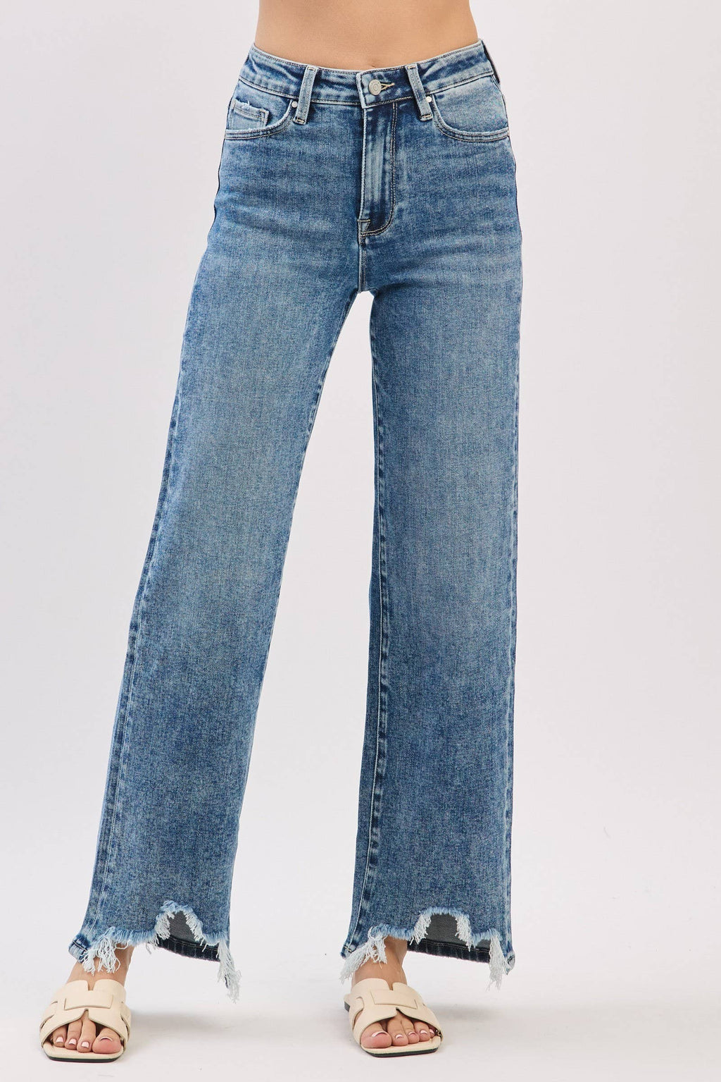 MA HIGH RISE SLIM WIDE LEG W/ DESTROYED HEM JEANS