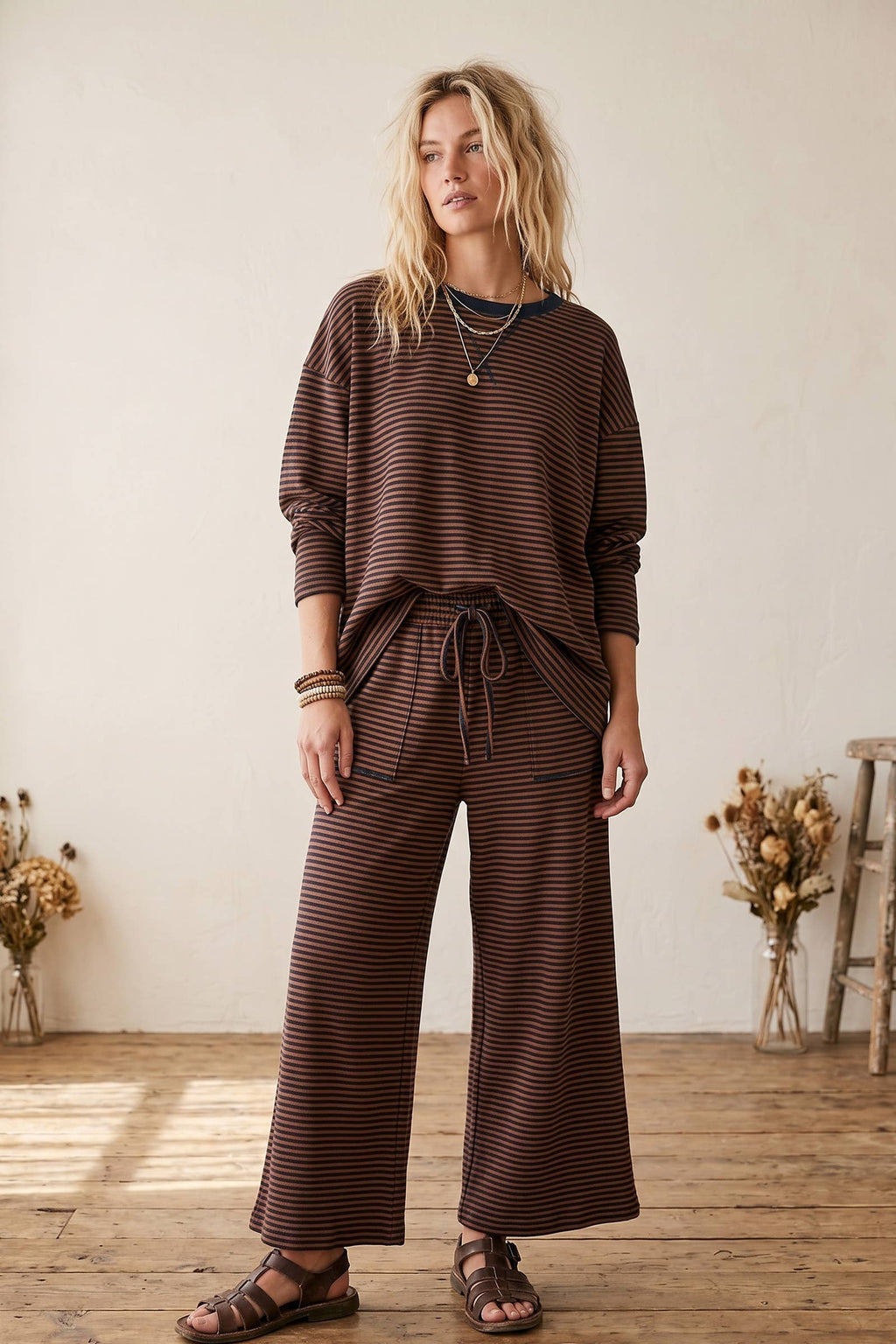 Striped Relaxed Top & Wide Leg Pants Knit Set