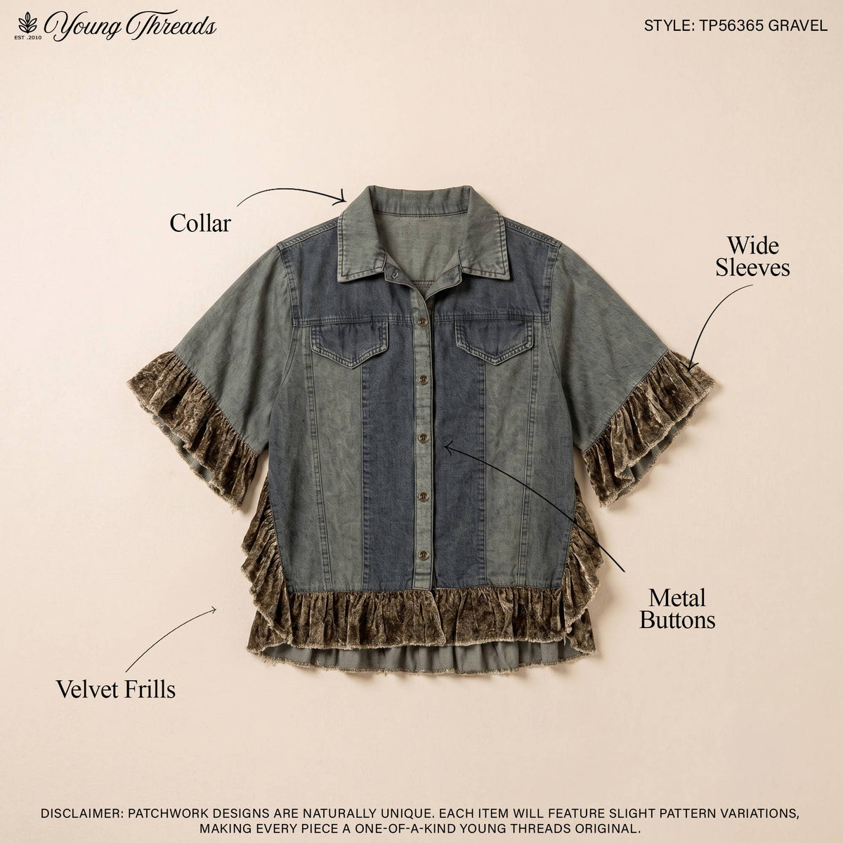 Boho Denim Ruffle Hem Button Down Top
