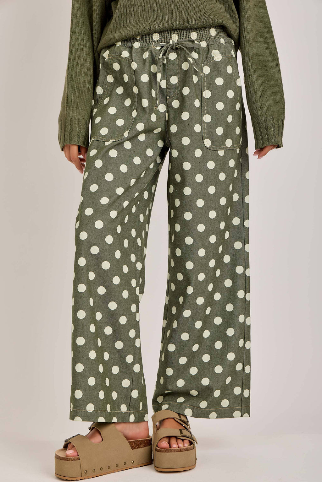RELAXED WIDE LEG SOFT POLKA DOT DRAWSTRING PANTS