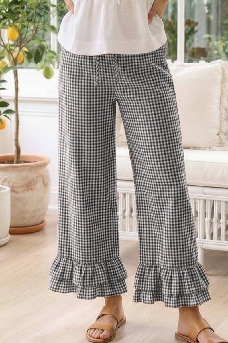 Gingham Casual Ruffled Hem 100%Cotton Cropped Pants VP83379A