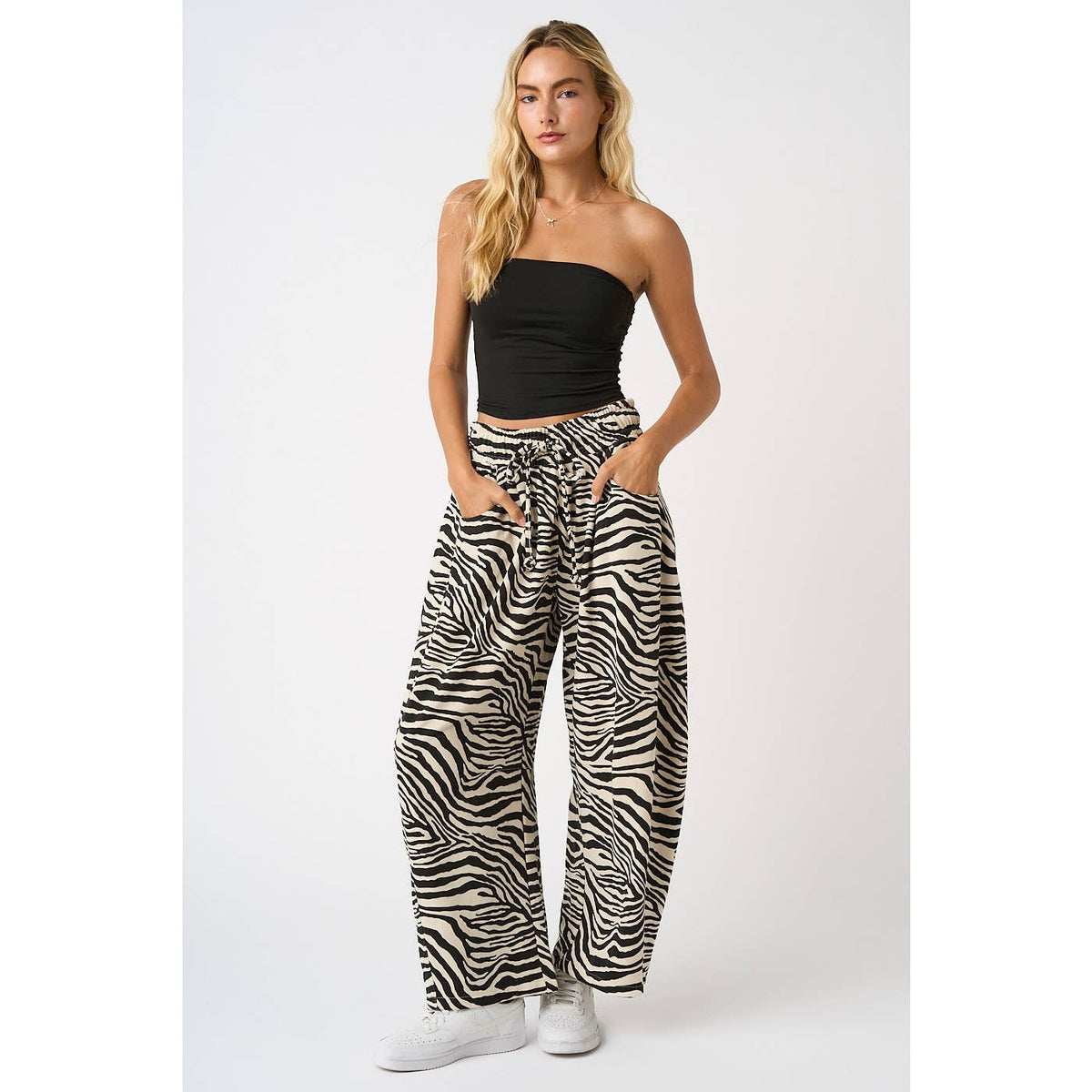 ZEBRA PRINT PULL-ON BARREL LEG PANTS