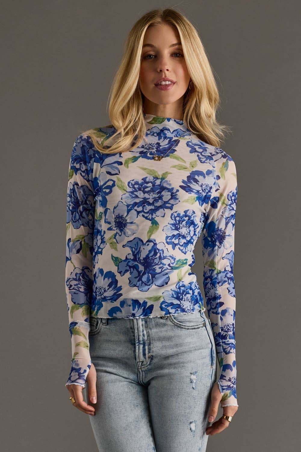 Blue, White & Green Floral Mesh Top