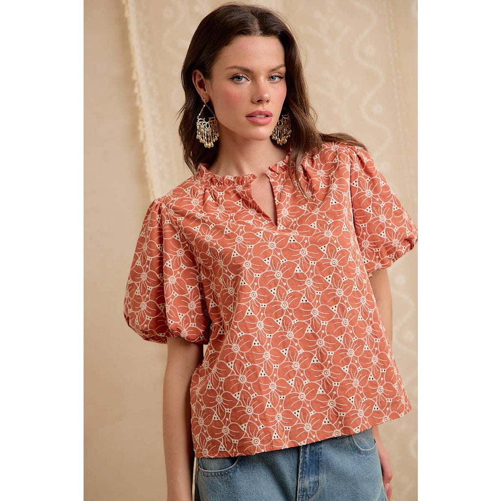 COTTON EYELET PUFF SLEEVE BLOUSE