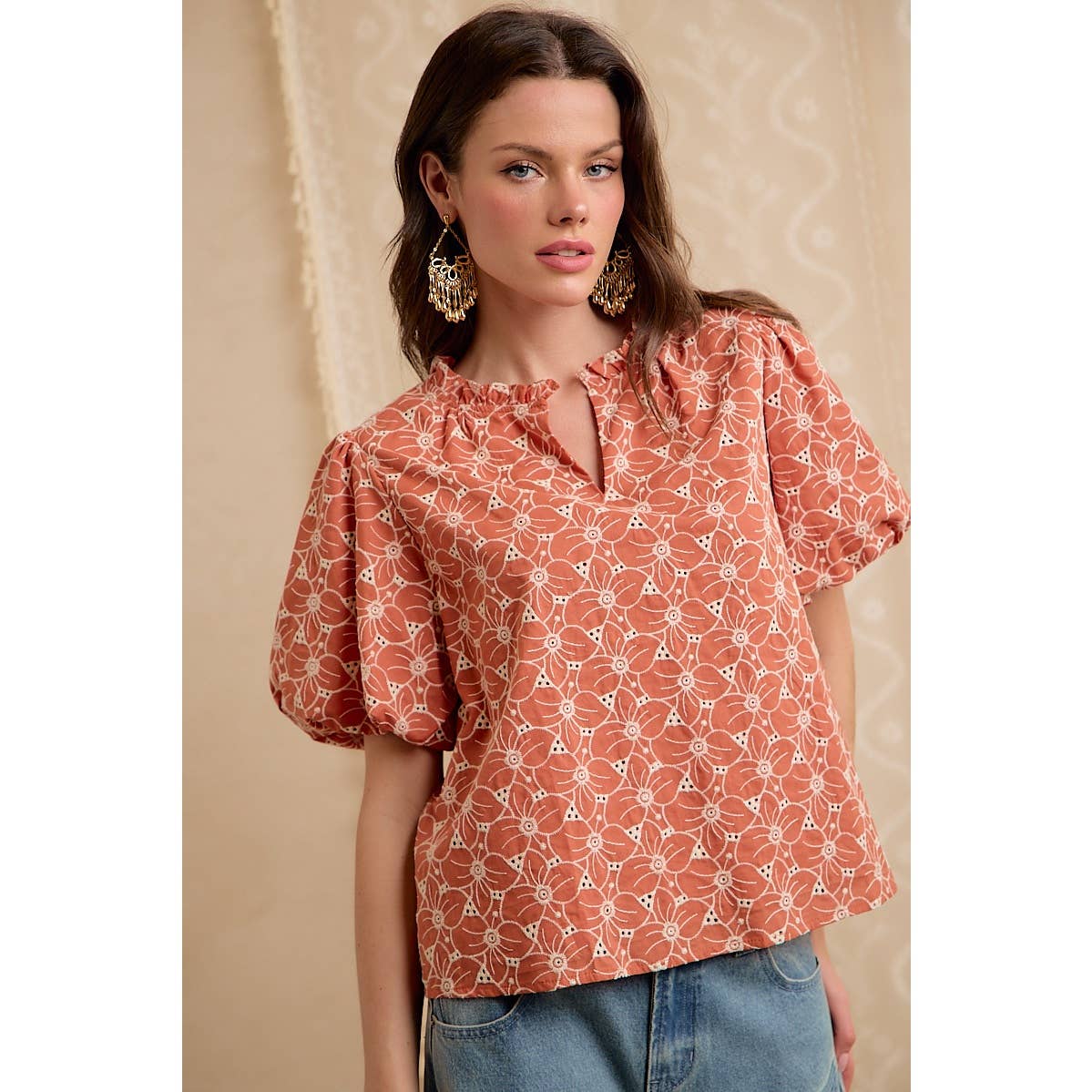 COTTON EYELET PUFF SLEEVE BLOUSE