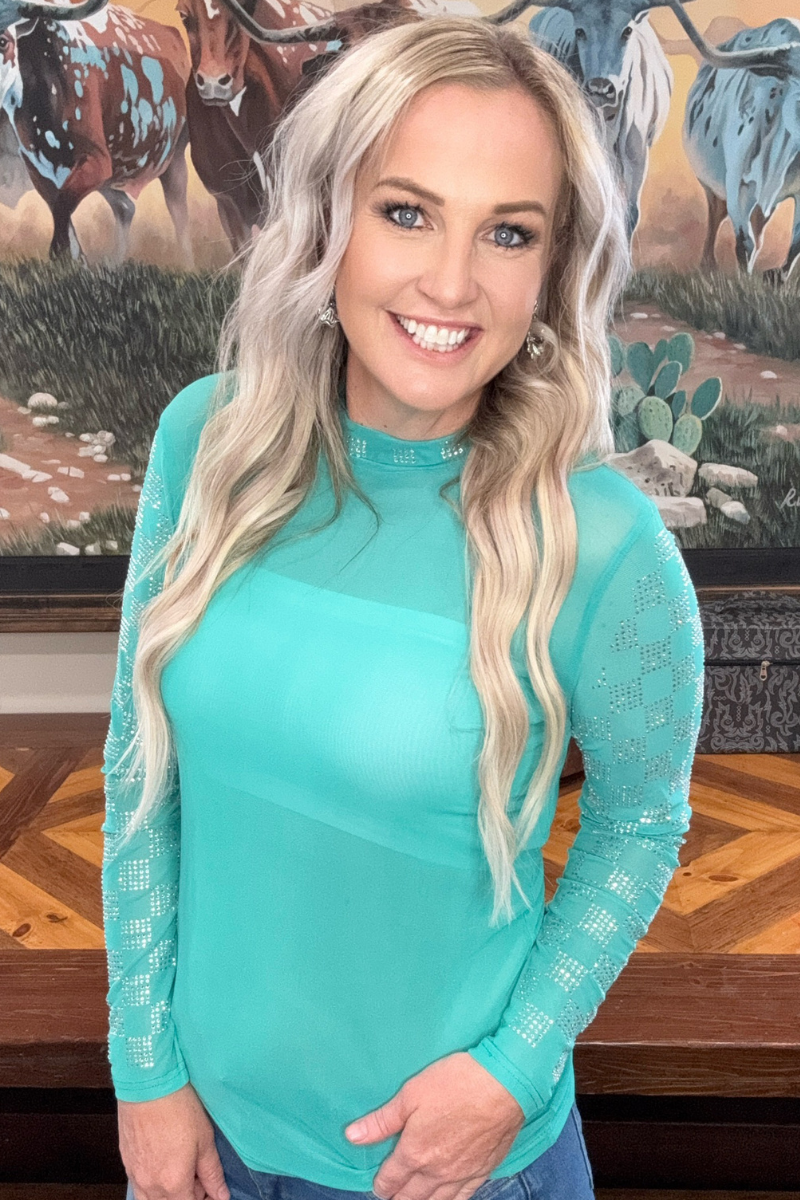 Checked In Turquoise Mesh Top