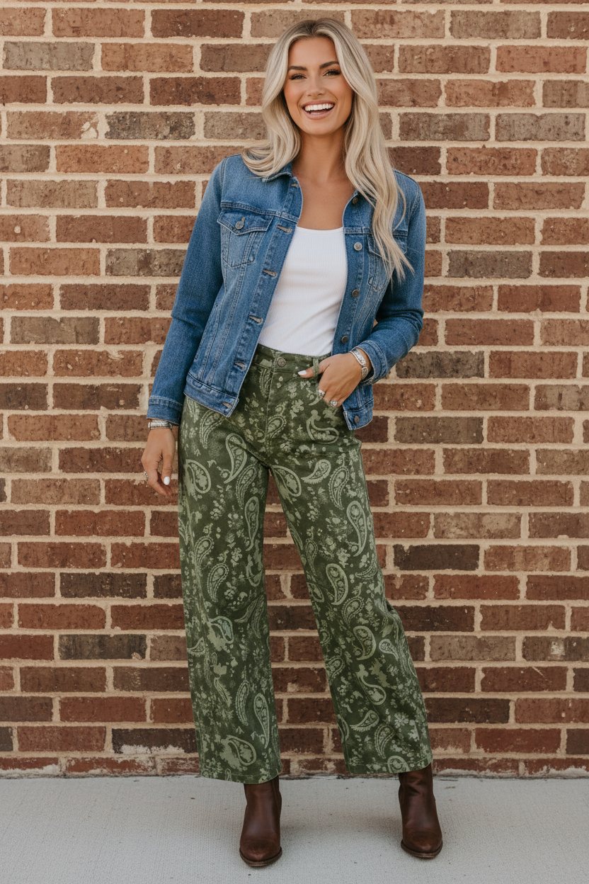 Paisley Denim High Waist Barrel Leg Pants