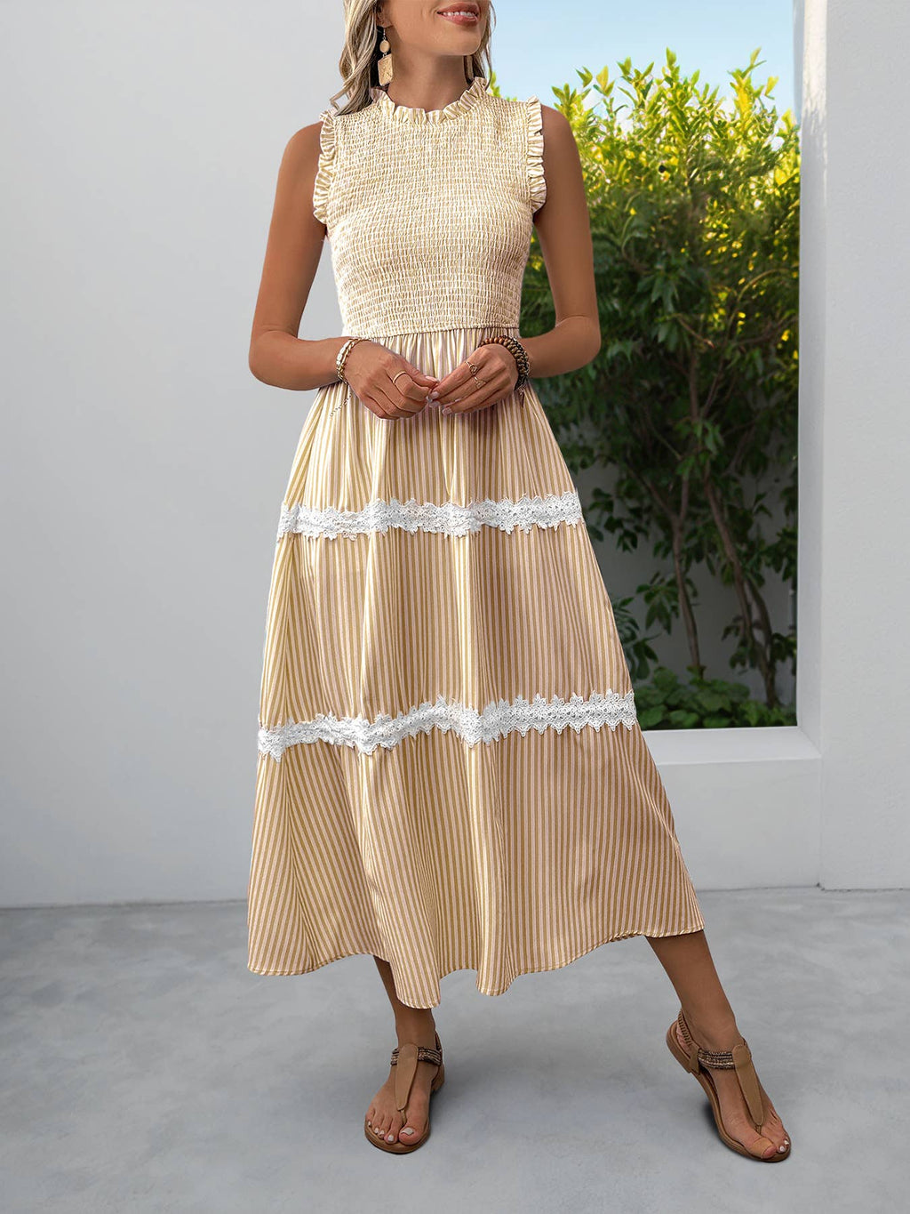 Smocked Ruffle-Strap Striped Midi Dress with Lace