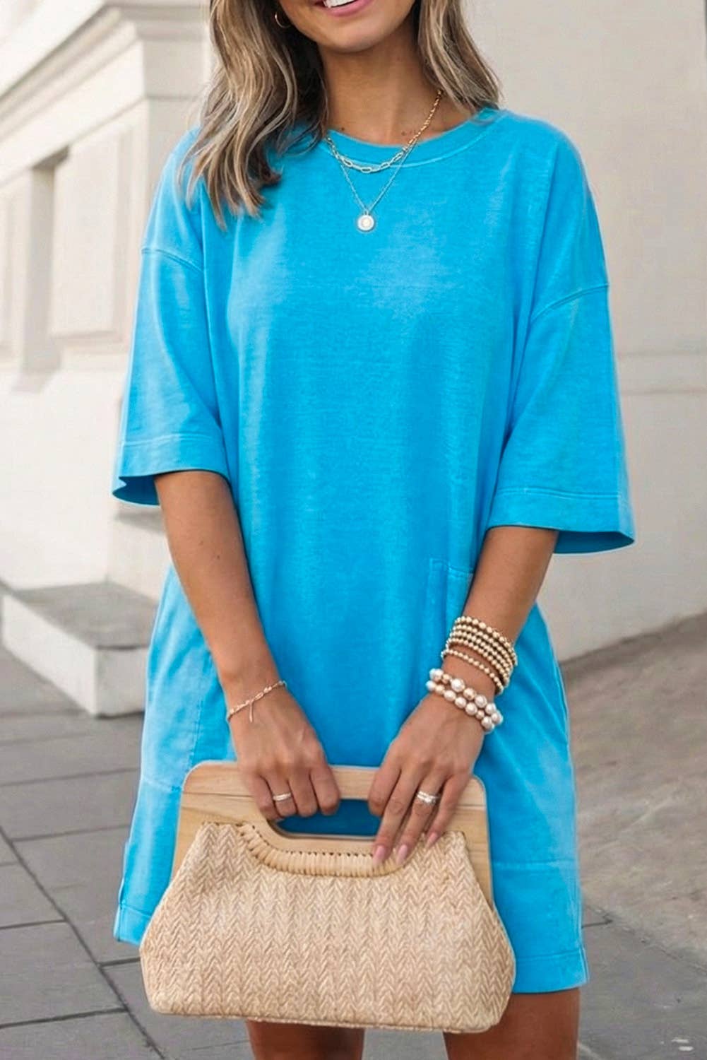 Solid Drop Shoulder Loose T Shirt Mini Dress