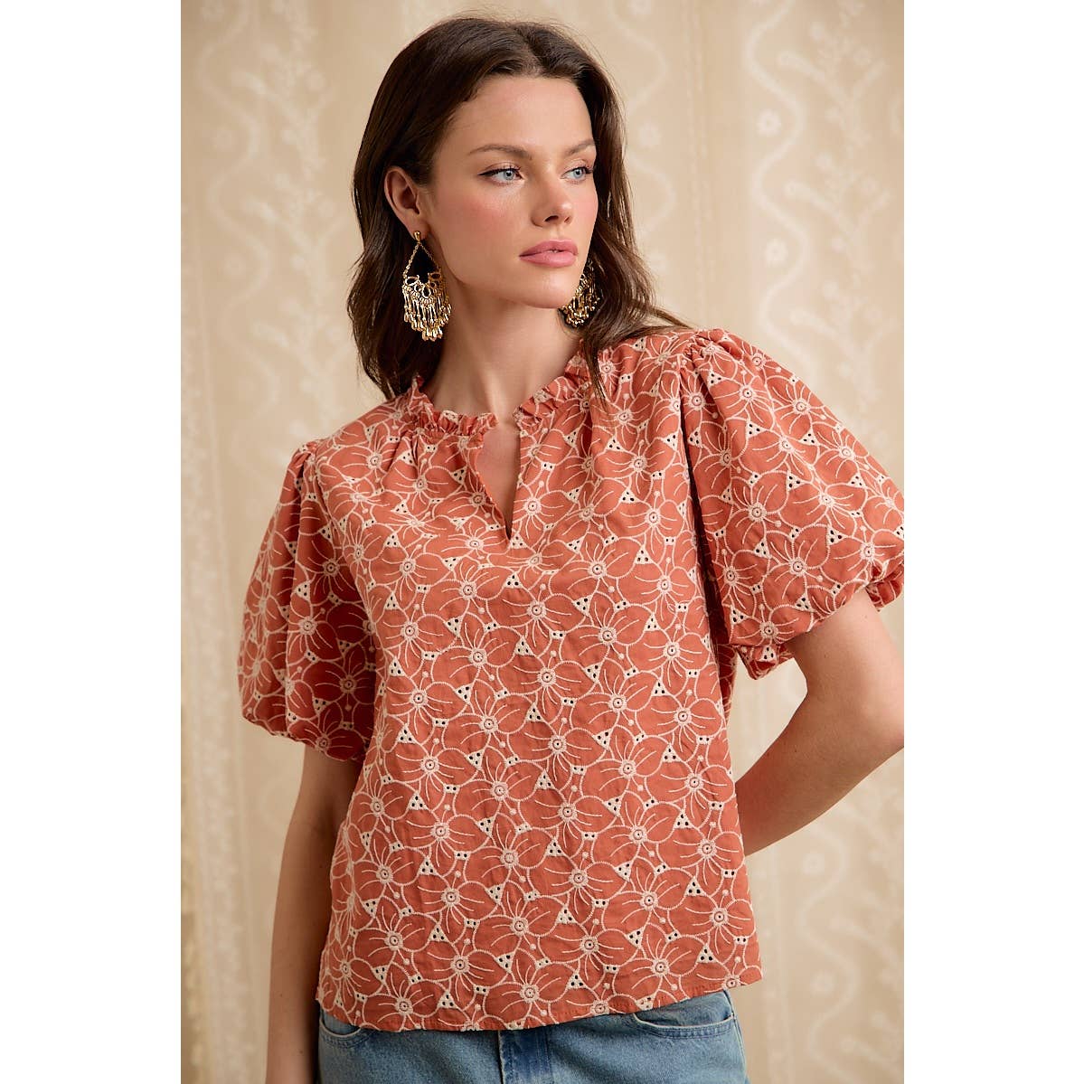 COTTON EYELET PUFF SLEEVE BLOUSE