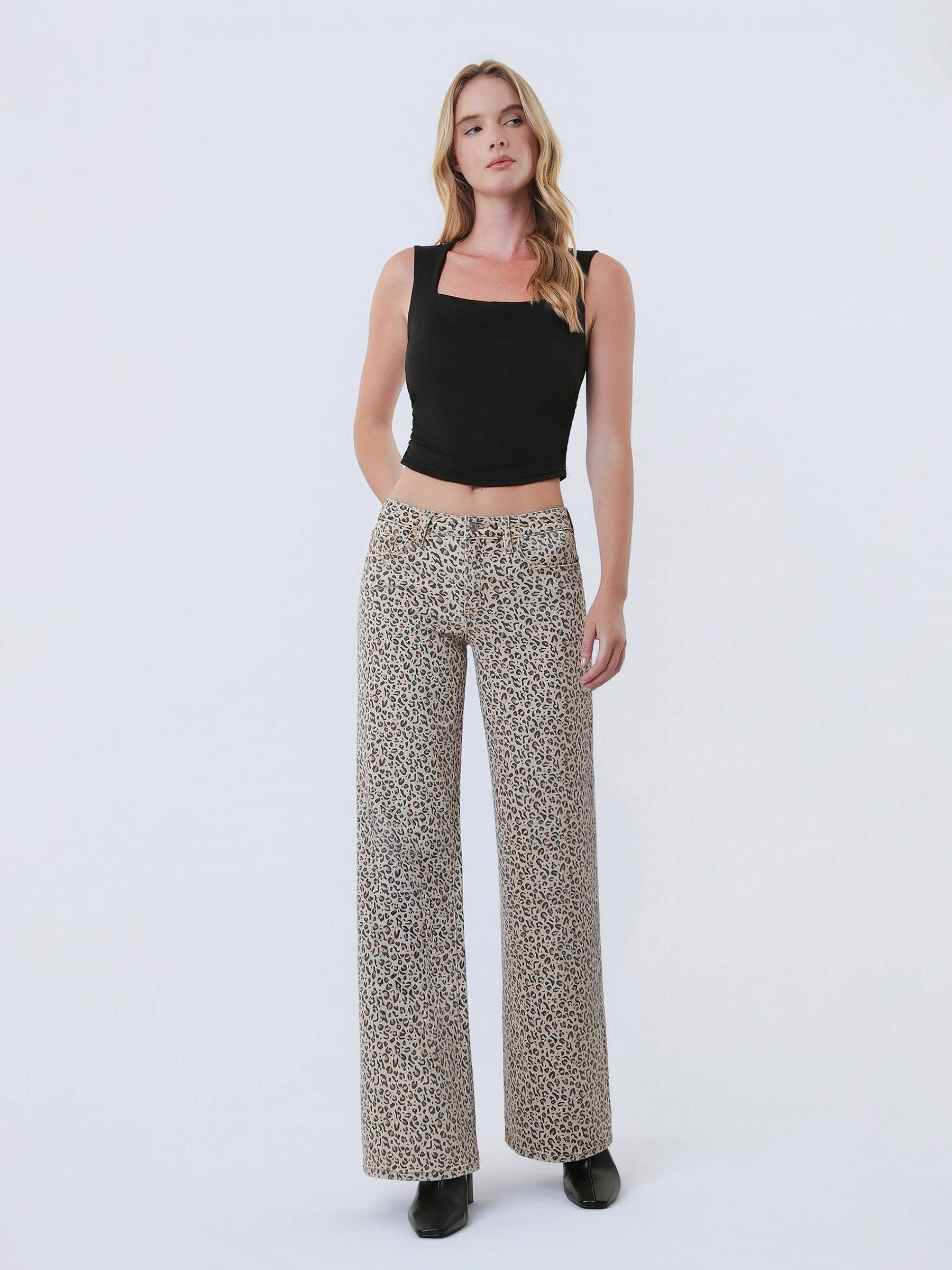 MID RISE FULL LENGTH LEOPARD PRINT WIDE LEG JEANS