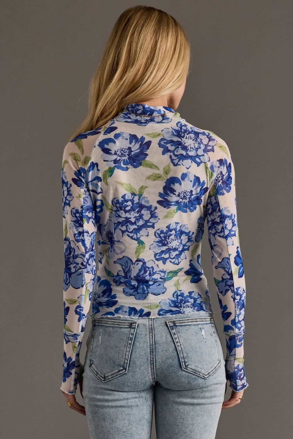 Blue, White & Green Floral Mesh Top