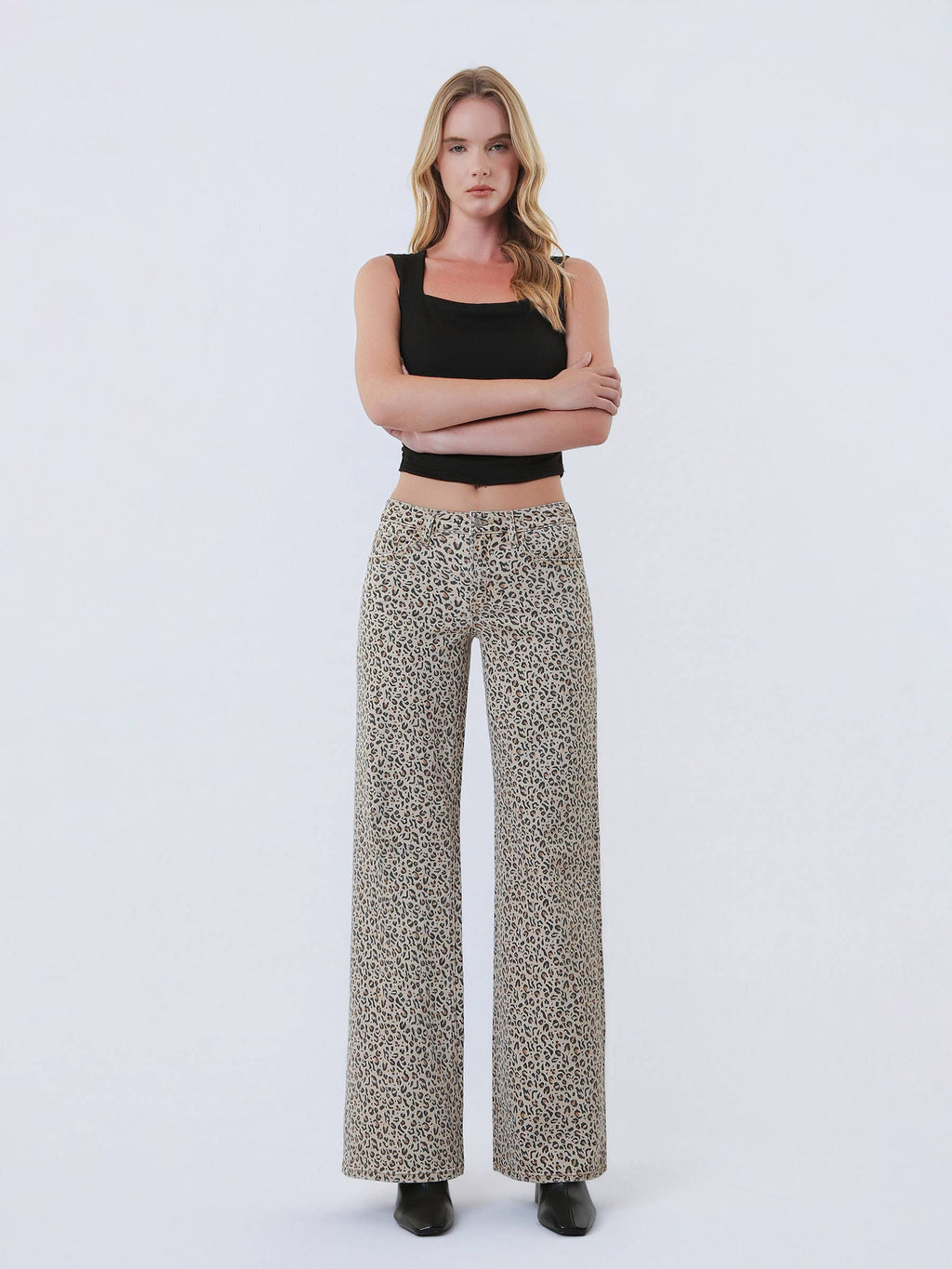 MID RISE FULL LENGTH LEOPARD PRINT WIDE LEG JEANS