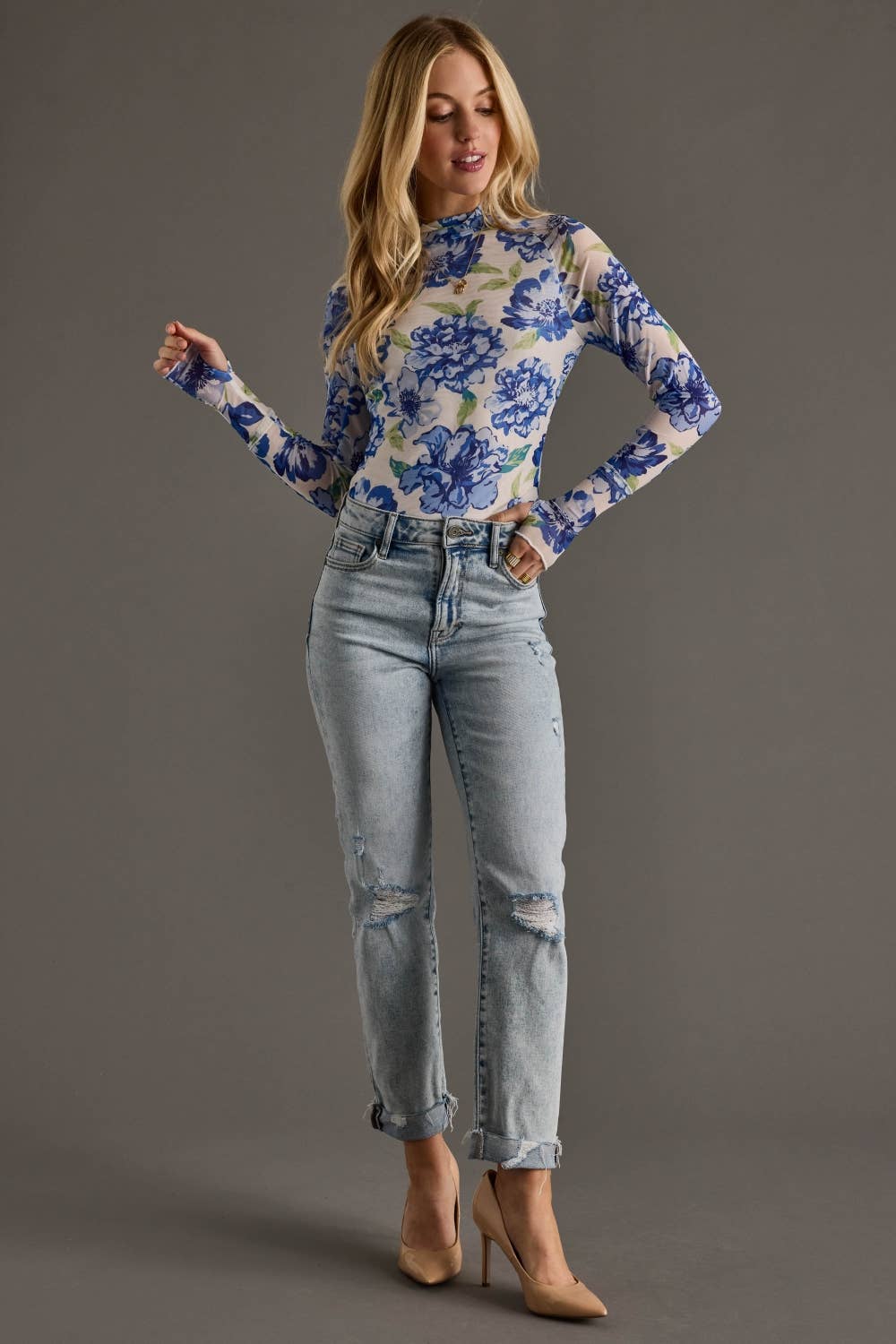 Blue, White & Green Floral Mesh Top