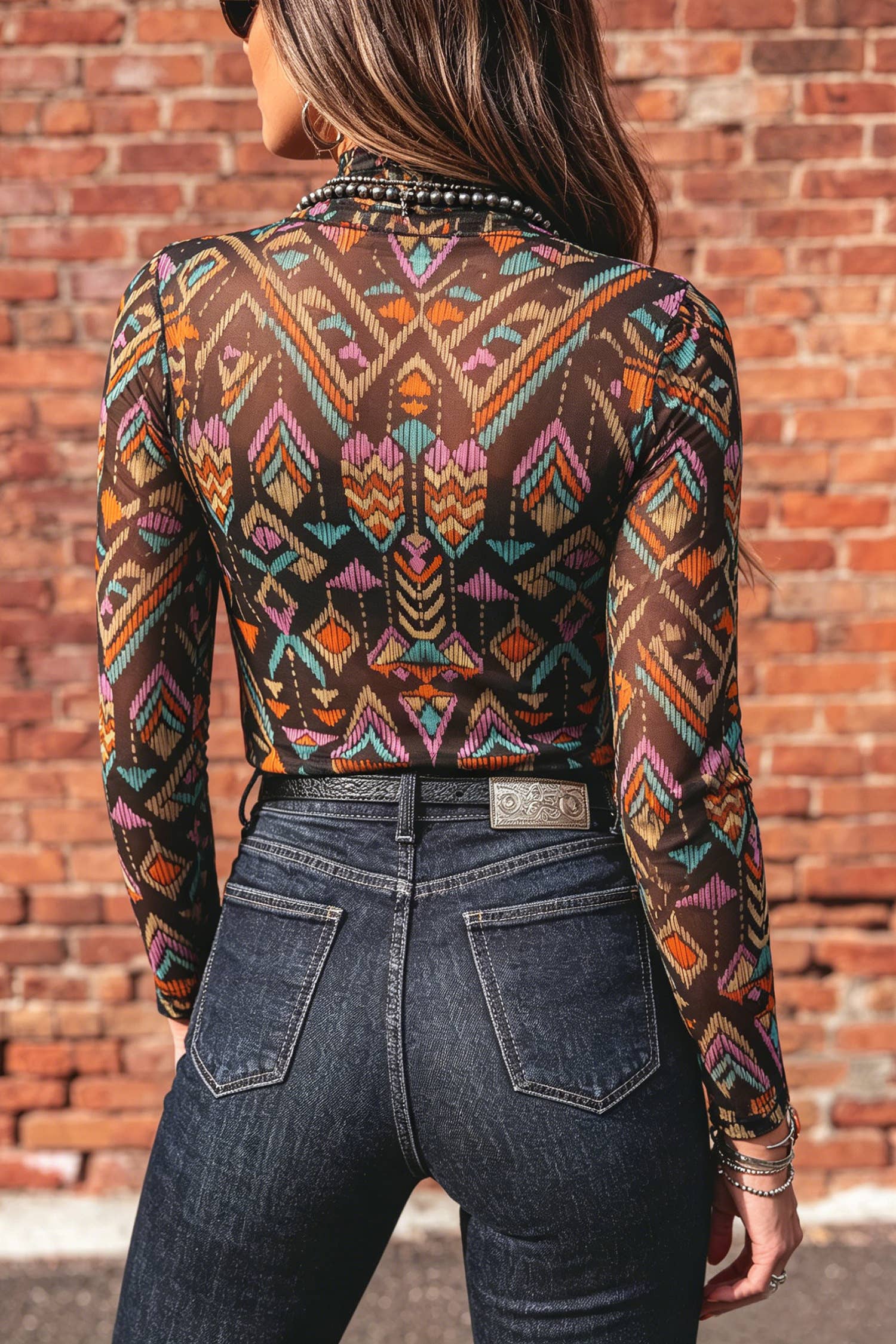 Abstract Pattern Stand Neck Mesh Top
