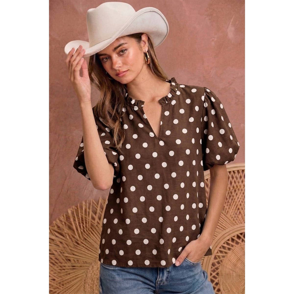 POLKA DOT PRINTED WOVEN RUFFLED V NECK TOP