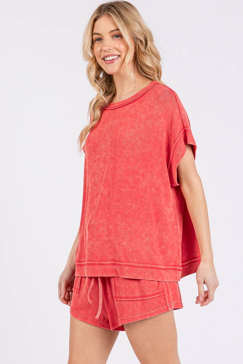 MINERAL WASHED TOP AND SHORTS RIB SET