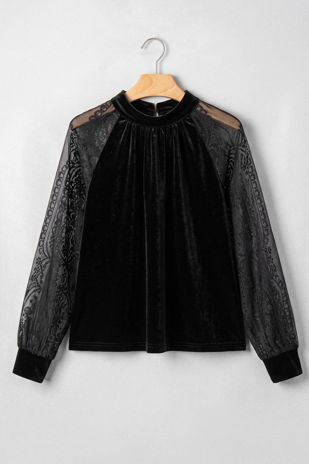 Solid Velvet Patchwork Sheer Lace Long Sleeve Blouse