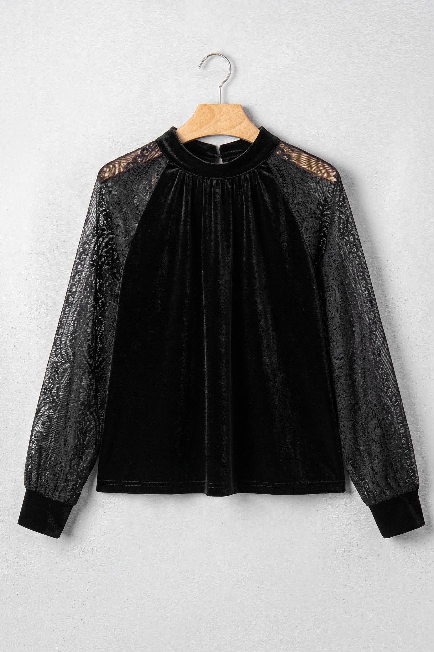 Solid Velvet Patchwork Sheer Lace Long Sleeve Blouse