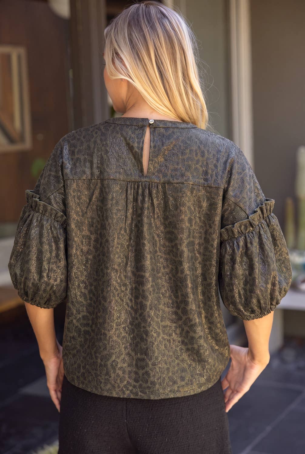 Ruffle Puff Sleeve Metallic Animal Print Top