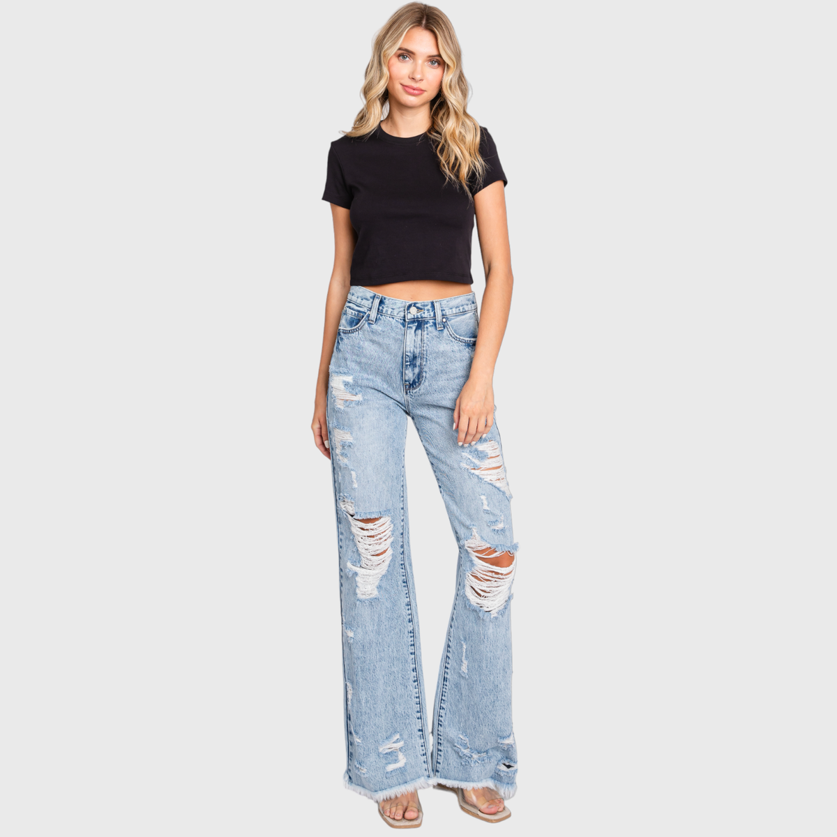 DESTROYED HIGH RISE RIGID VINTAGE FLARE JEANS