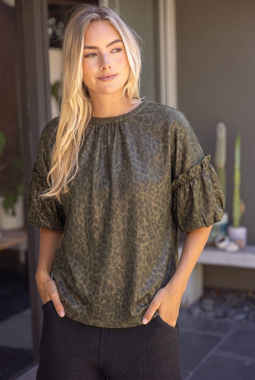 Ruffle Puff Sleeve Metallic Animal Print Top