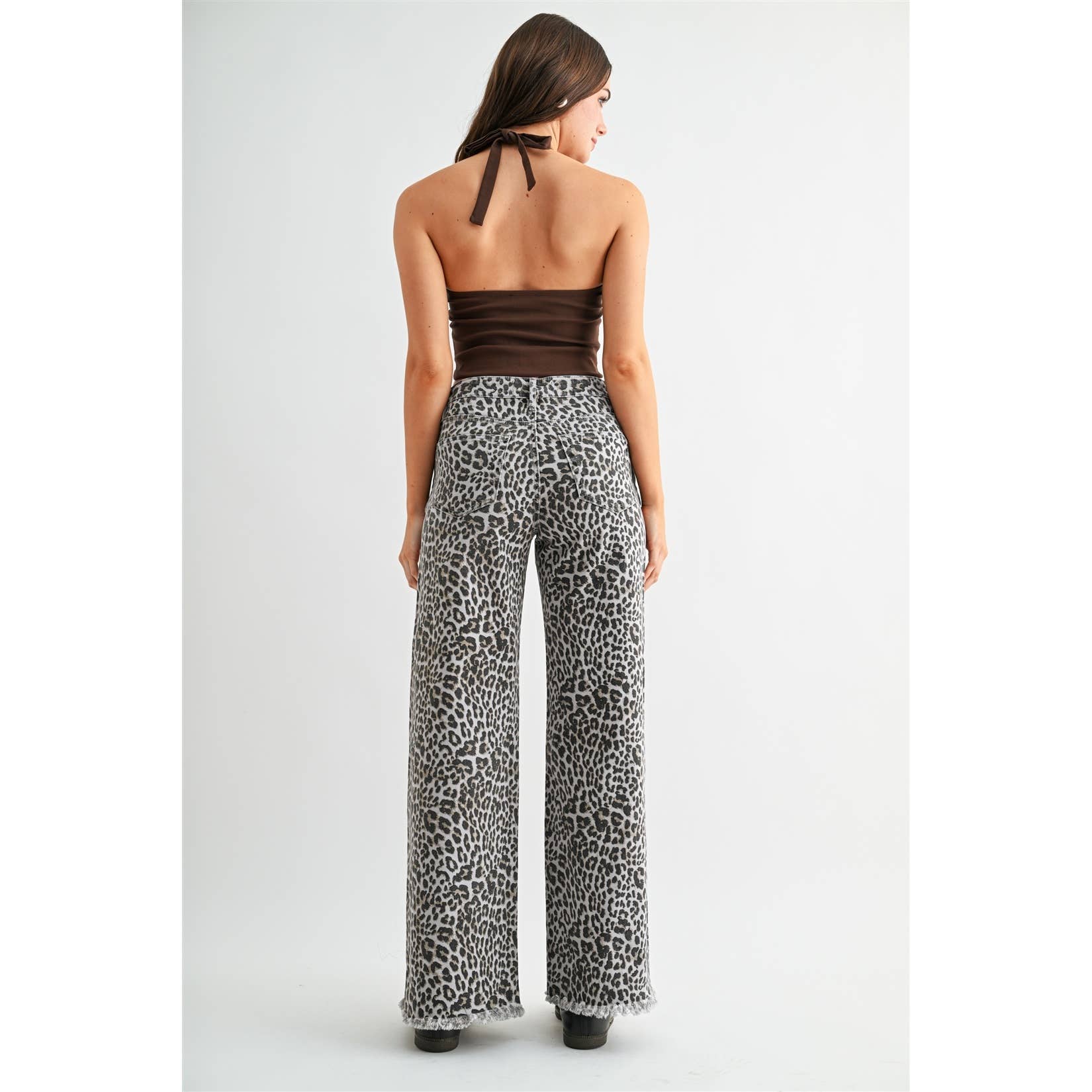 HIGH-RISE WIDE LEG FRAYED HEM LEOPARD
