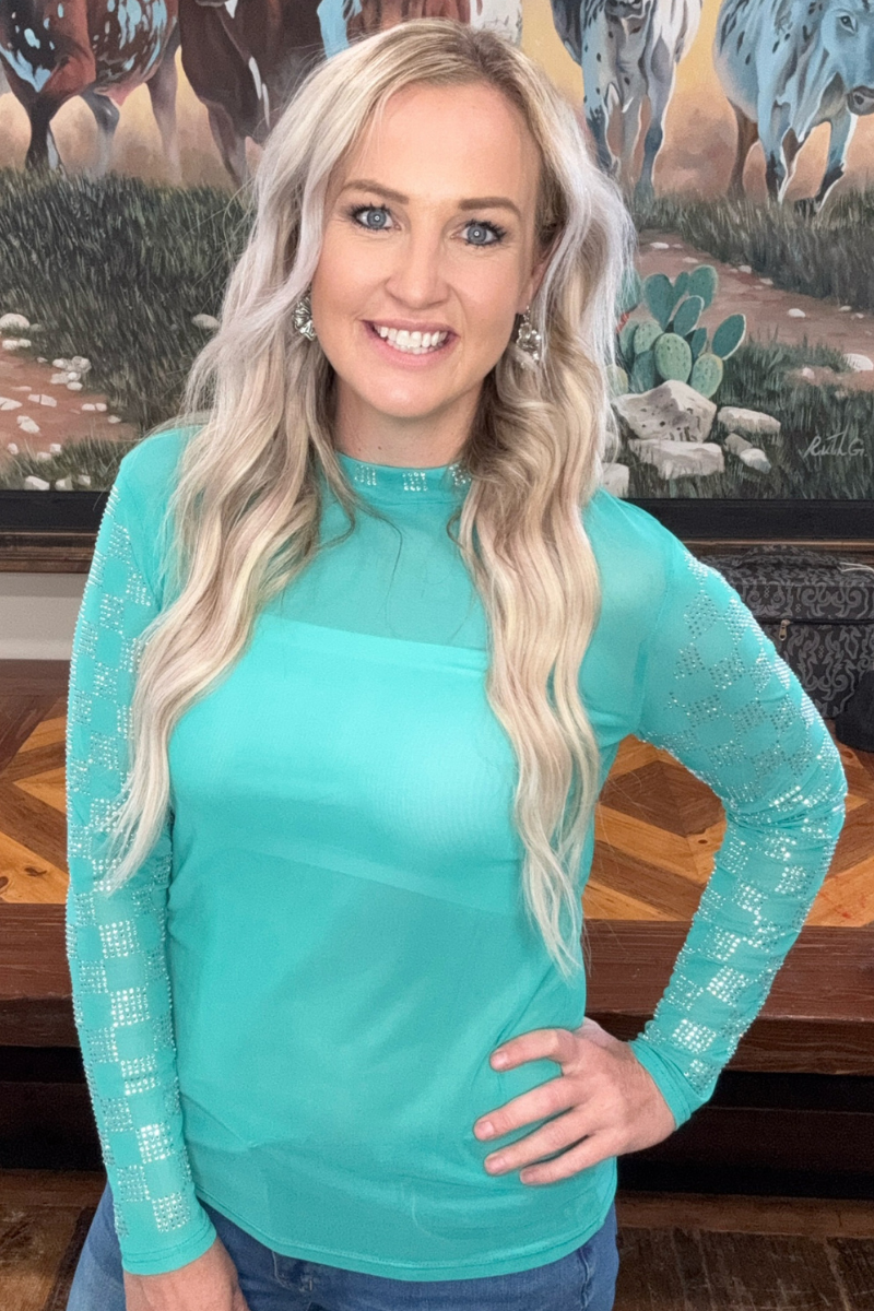 Checked In Turquoise Mesh Top