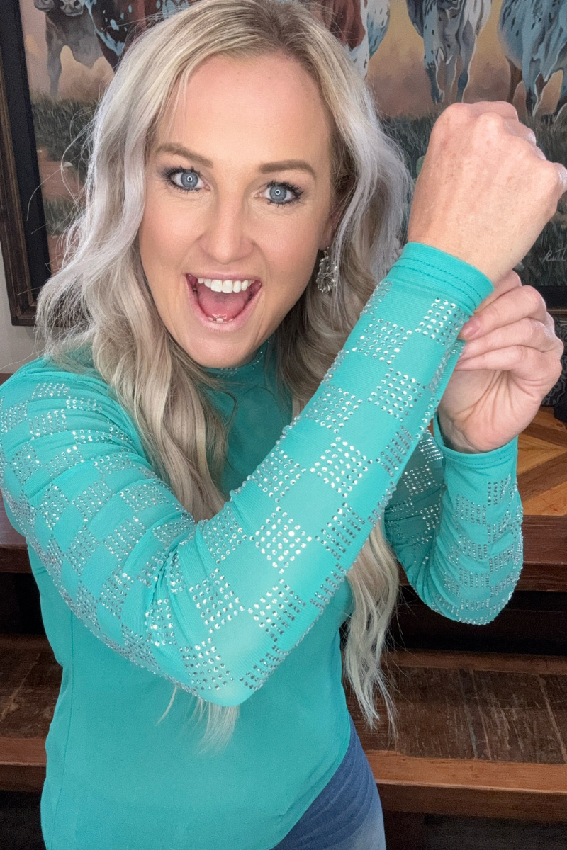 Checked In Turquoise Mesh Top