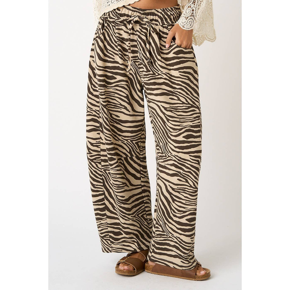 ZEBRA PRINT PULL-ON BARREL LEG PANTS