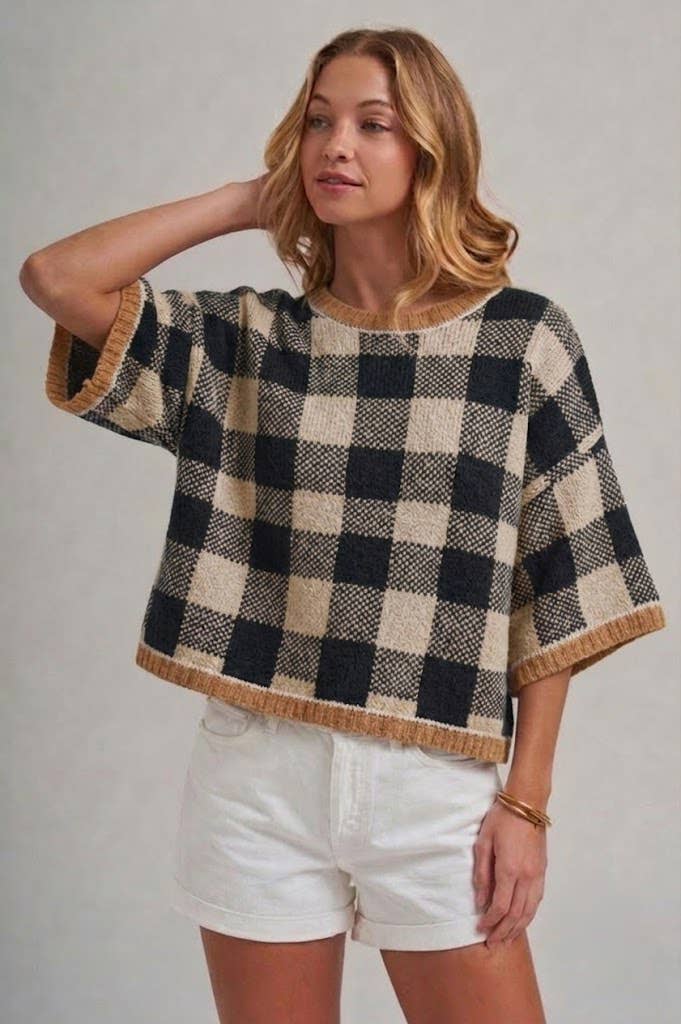FALL CHECKERED GINGHAM DROP SHOULDER SWEATER