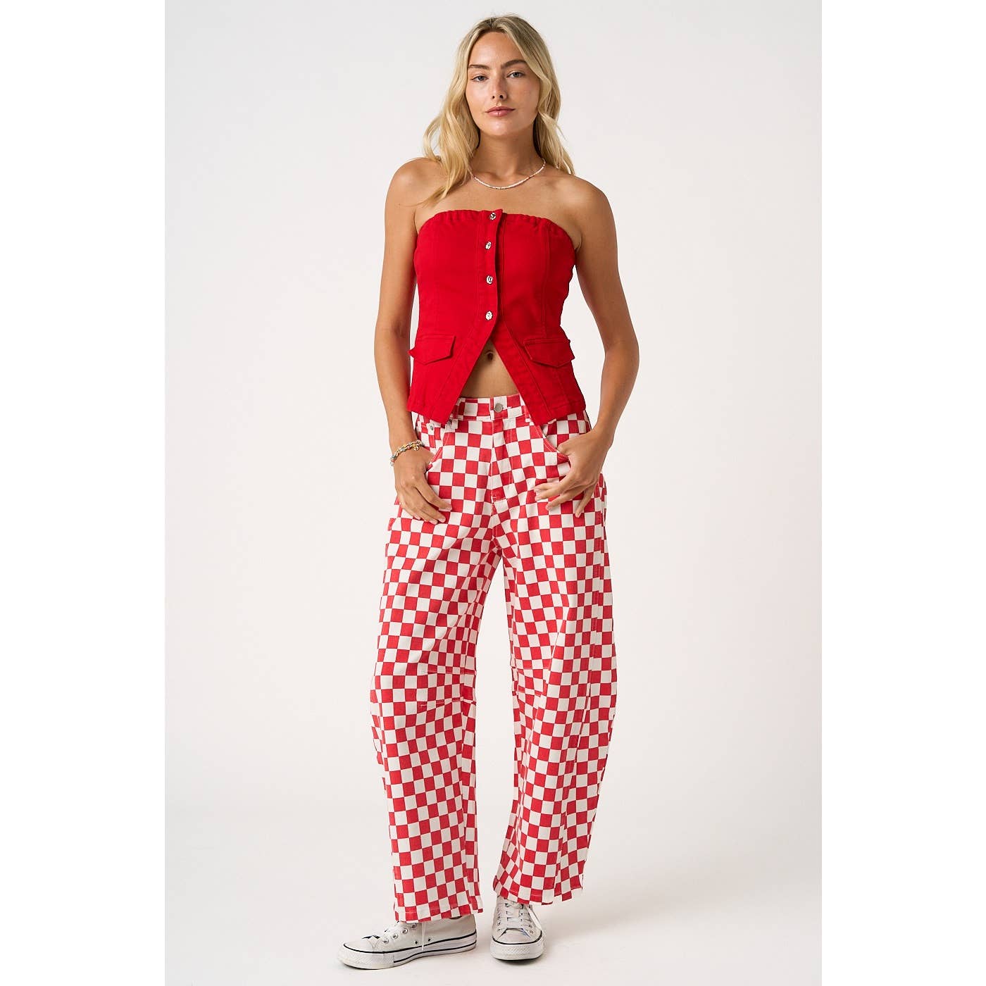 GAME DAY CHECKERED ELASTIC WAIST BARREL PANTS
