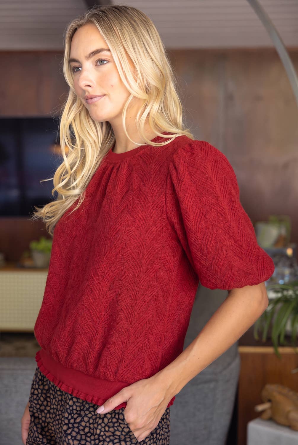 Braid Sweater Knit Short Bubble Sleeve Top