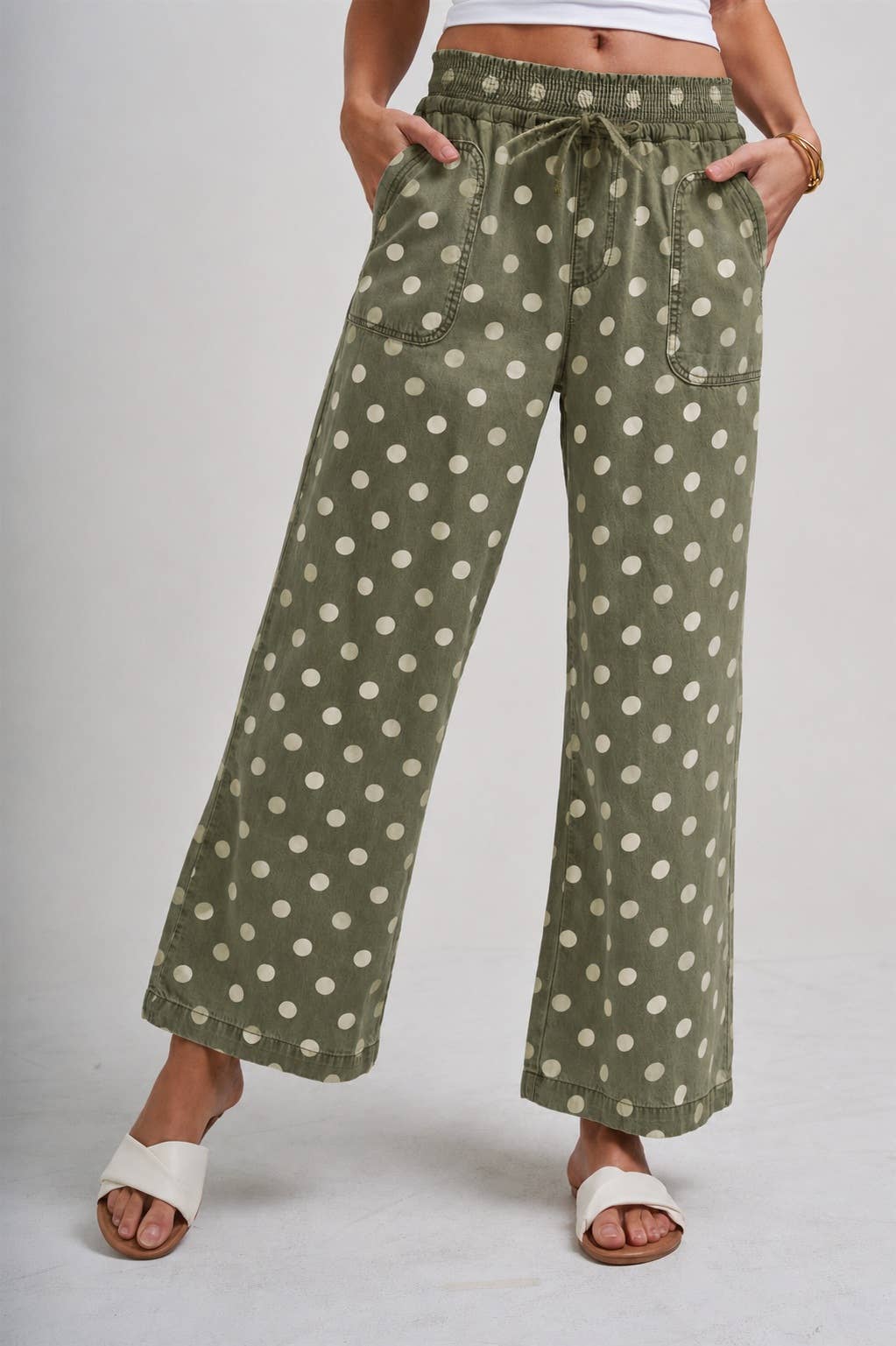 RELAXED WIDE LEG SOFT POLKA DOT DRAWSTRING PANTS