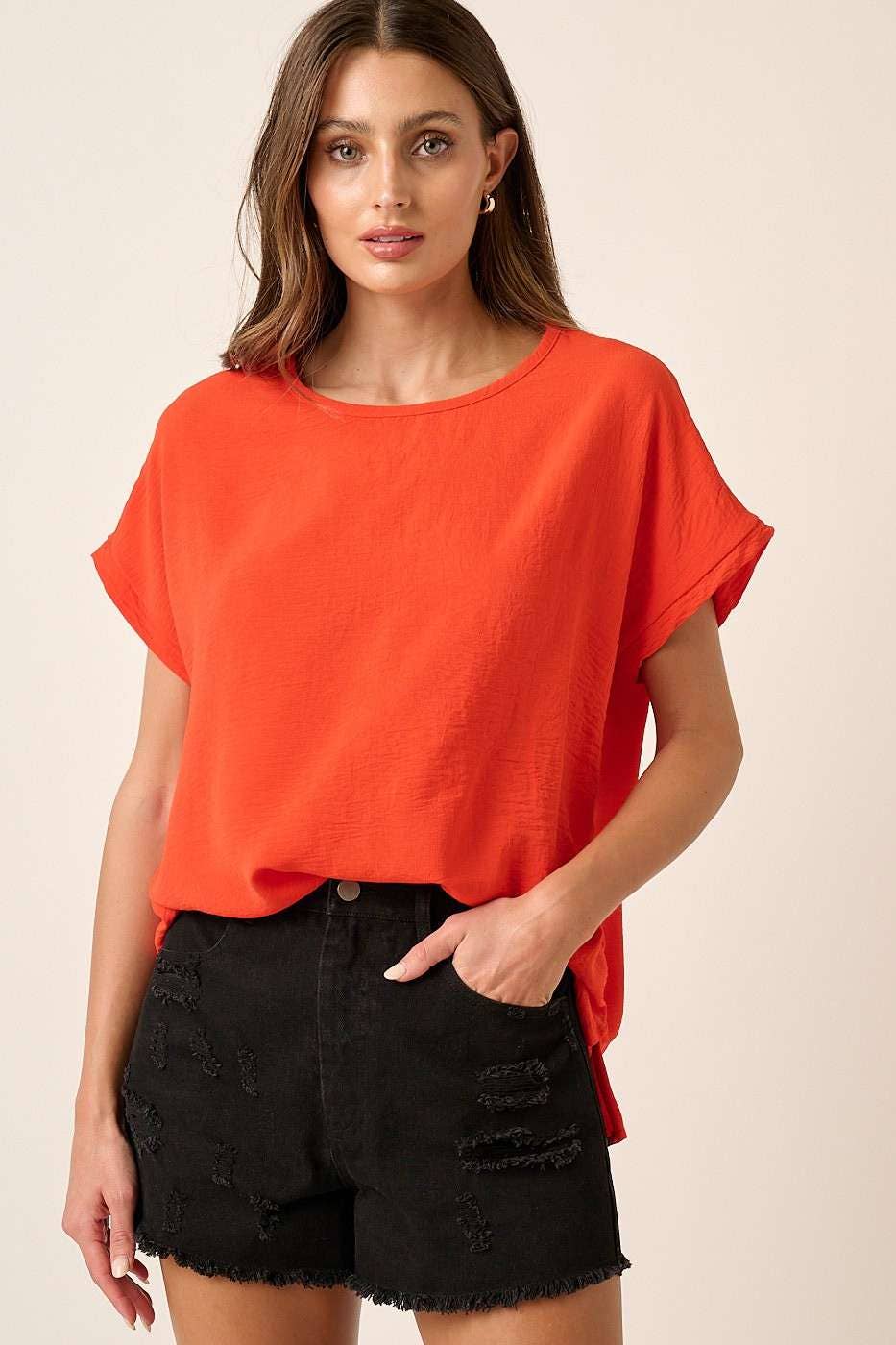 AIRFLOW ROUND NECK DOLMAN SHORT SLEEVE WOVEN TOP