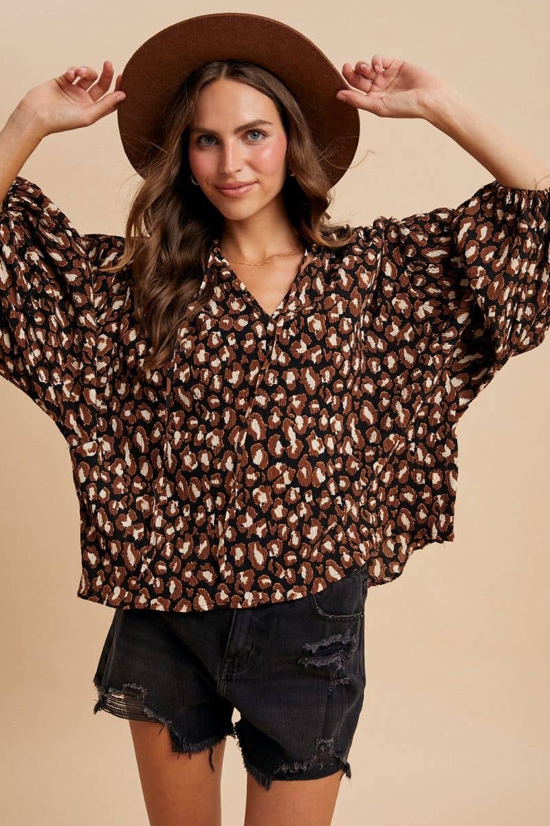 Leopard Plisse Texture Notched Neck Tie Blouse