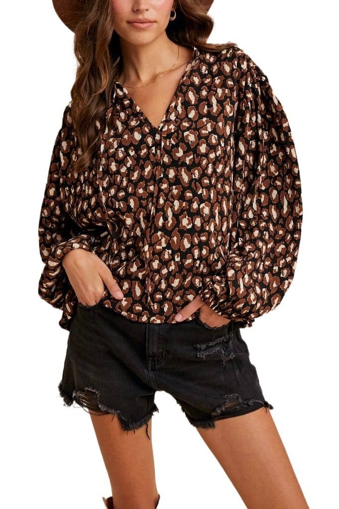 Leopard Plisse Texture Notched Neck Tie Blouse