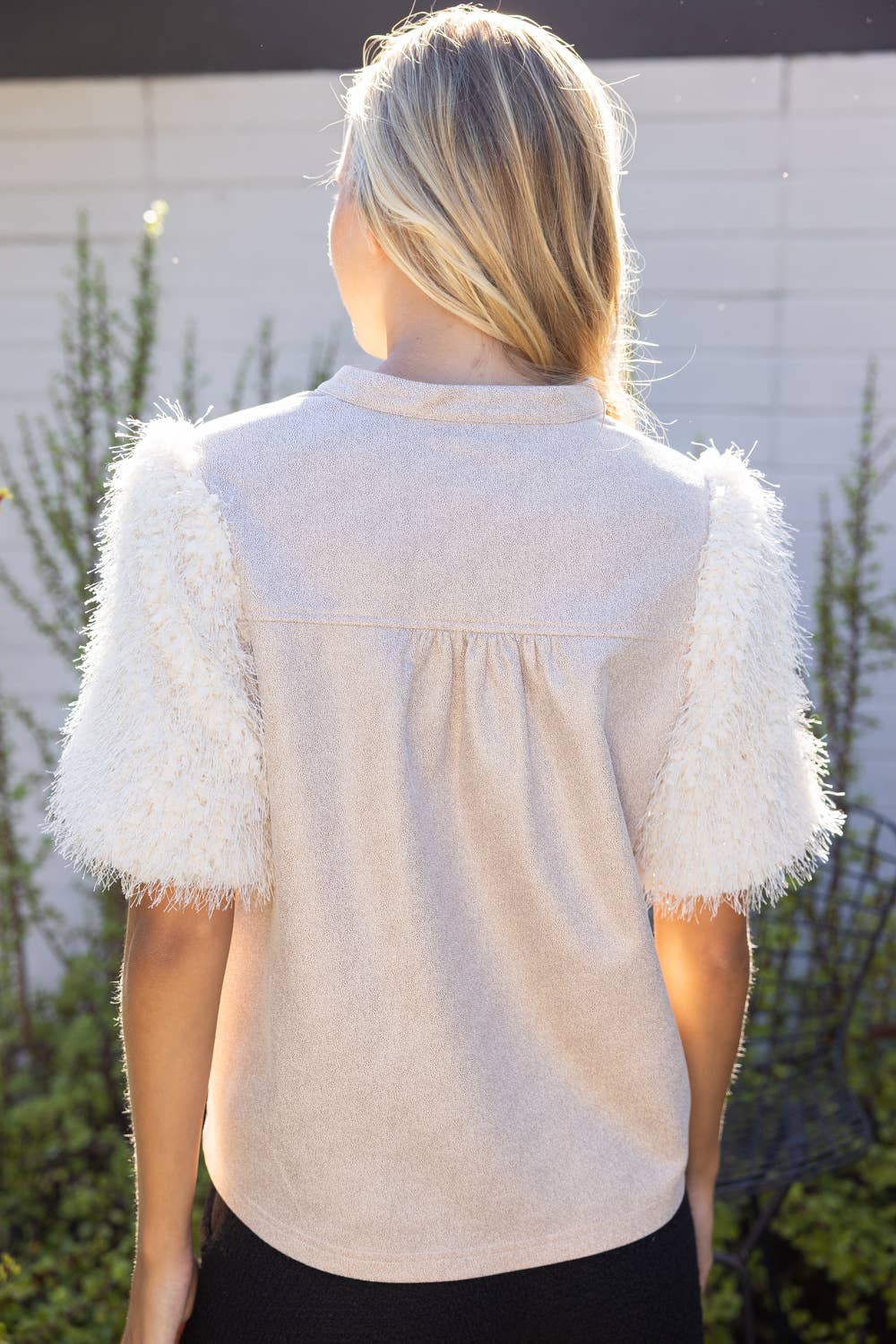 Feather Fringe Short Sleeve Faux Leather Top