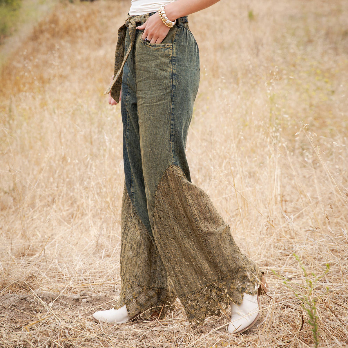 Boho Mixed-Media Lace Hem Tie-Waist Flare Pants